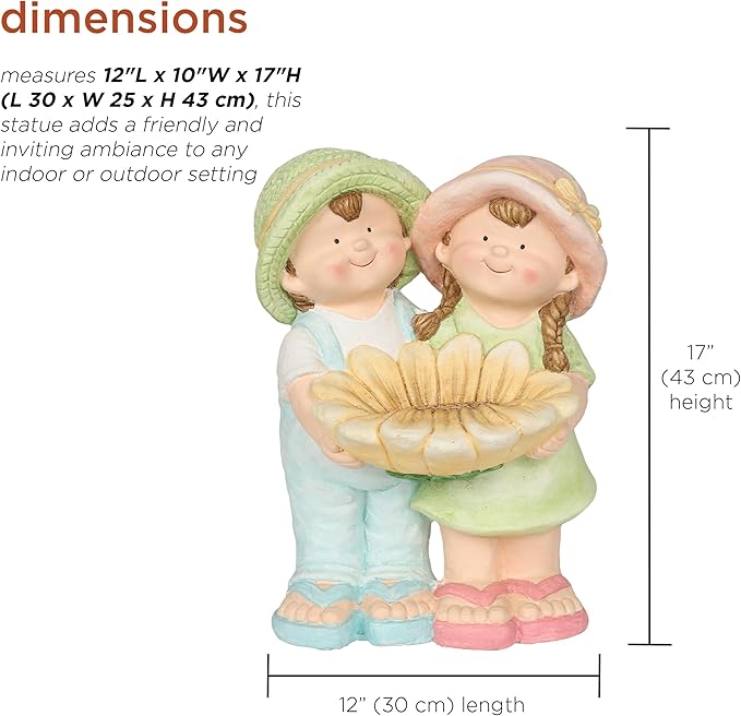 Alpine Corporation QWR1372 Boy and Girl Holding Sunflower Birdbath, Playful Child Statue with Birdbath, 17" H, Multicolor