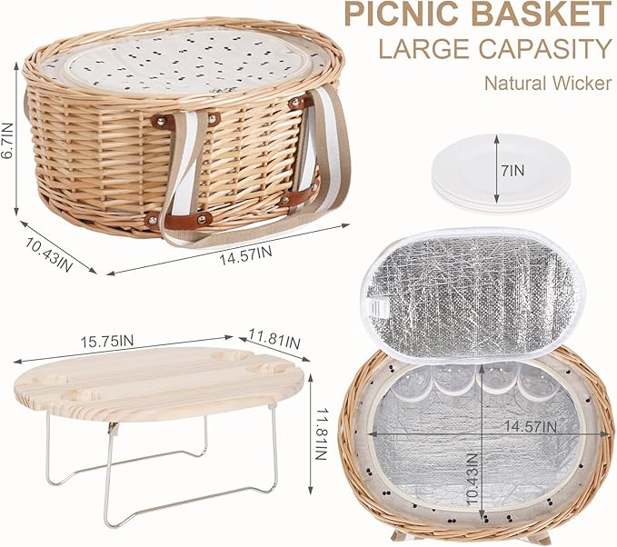 Picnic Basket Set for 4 - Wicker Insulated Picnic Basket with Waterproof Blanket, Folding Wine Picnic Table & Cutlery Kits, Picnic Baskets Kit for Camping, Outdoor, Valentine (Cherry)