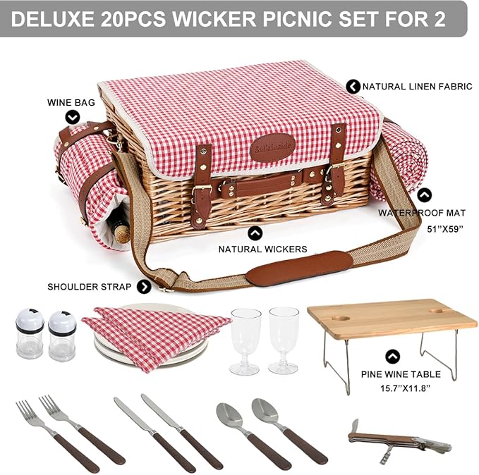 Multifunctional Wicker Picnic Basket Set for 2 with Blanket and Picnic Table, Insulated Picnic Set with Full Tablewares for Camping Outdoor Couples, Gingham
