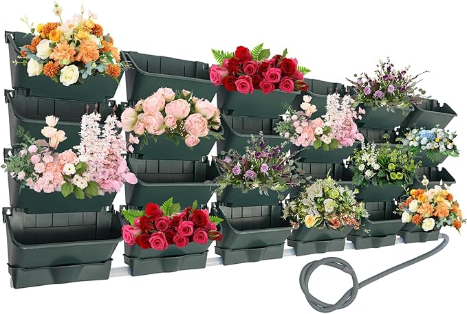 Vertical Wall Planter for Indoor Plant-Walls Mounted Pot with 6 Drainage Tray 24 Pack, 13" Planter w/6.56ft Drainage Pipe for Decor, Plastic Pots Balcony Planters (24, Army Green)