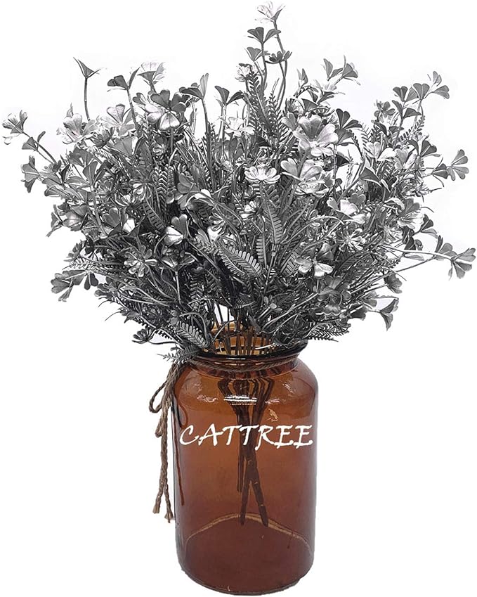 Artificial Plants for Christmas, CATTREE Plastic Grass Faux Shrubs Fake Leaves Simulation Flowers Bushes Home Indoor Outdoor Garden Wedding Festival Decoration Hall Table Planter Filler – Silver 2 Pcs