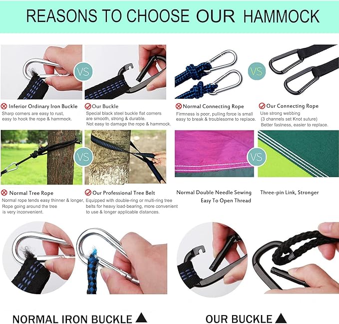 Hammock Camping, Portable Single/Double Hammocks for Outdoor Hiking Travel Backpacking - 210D Nylon Hammock Swing for Backyard & Garden (Green/Khaki)