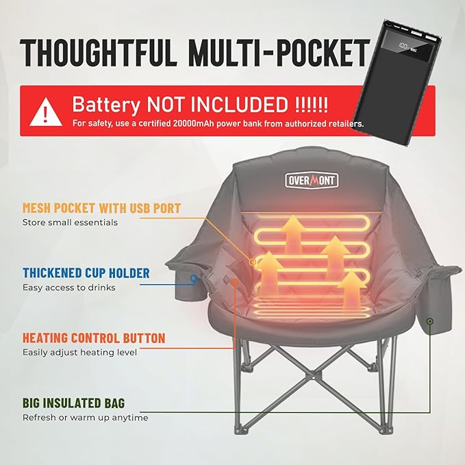 Overmont Heated Oversized Camping Chair for Adults - 3 Heat Levels Seat & Back Separately Control - 400lbs Support Heavy Duty Padded Folding Chair Outdoor Garden Portable - Battery NOT Included