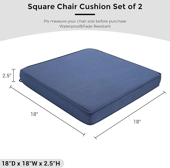 Outdoor Chair Cushions 18x18 Inch,Set of 2,Water Resistant Chair Pads with Ties,Square Seat Cushion 18"x18"x2.5",Patio Chair Cushion for Garden,Backyard Furniture(Ink Blue)