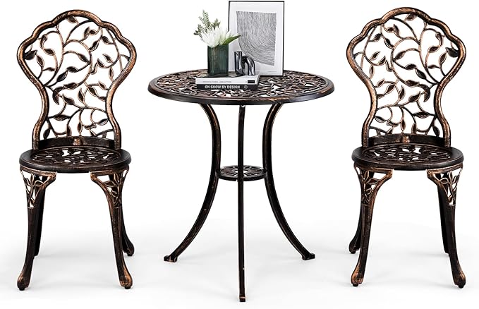 Outvita Patio Table and Chairs Set, Cast Aluminum Outdoor Cafe Table and Chairs Set of 3, Stability Patio Bistro Sets for Garden, Patio, Balcony, Leaf Pattern Bronze