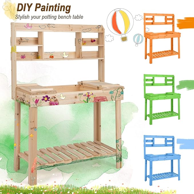 Giantex Garden Potting Bench Table, Large Workbench Table with Shelves, Openable Tabletop Hidden Storage Cabinet, 3 Hooks, Outdoor Wooden Workstation for Patio Garden Garage, 43.5"x19.5"x 60.5"
