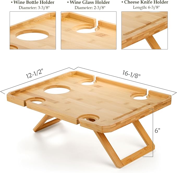 Kingrol Bamboo Wine Picnic Table with Wine Bottle, Glass and Cheese Knife Holder - for Park Camping Beach Outdoor Snack, Wine Lover Gift, Foldable and Portable, 16.1 x 12.5 x 6 Inch