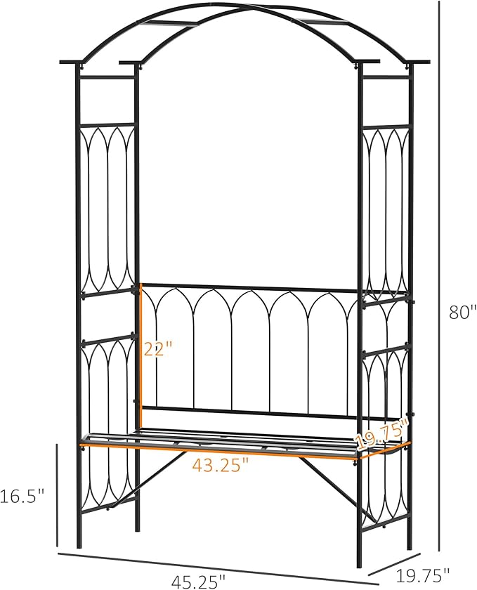 Outsunny Metal Trellis Arbor Arch for Climbing Plants with Garden Bench, Grow Grapes & Vines, Patio Decor & 2-Person Outdoor Steel Decorative Seating, 484 lbs. Weight Capacity, Black