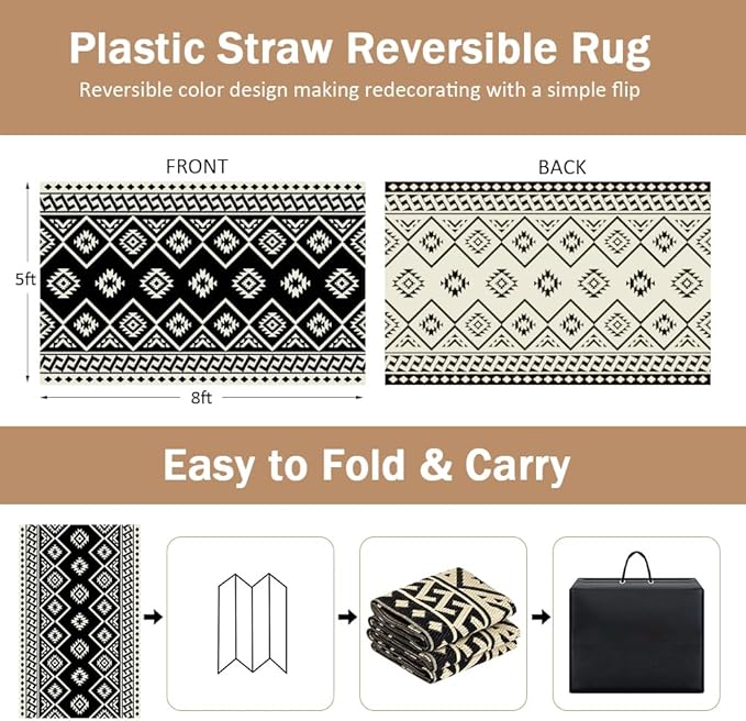 LILIOFFIC Outdoor Rugs - Reversible Mats, 5'x8' Plastic Straw Rug for Patio Clearance Waterproof, Indoor Outdoor Area Rug Carpet for Outside, RV, Deck, Picnic, Beach, Trailer, Camping, Black & Beige