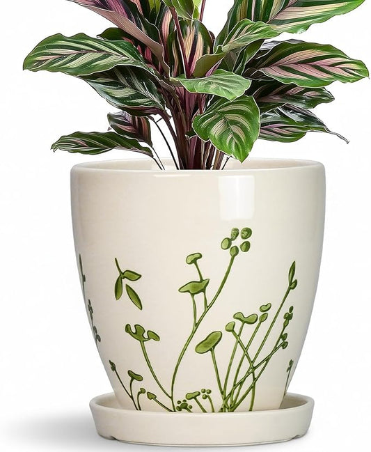 6 Inch Plant Pot - Ceramic Pots for Plants with Drainage Hole and Saucer, Ceramic Succulent Pots for Indoor Outdoor, Decorative Boho Planter, Housewarming Gifts, Garden Room Home Decor, White