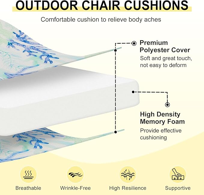 downluxe Outdoor Chair Cushions Set of 4 for Patio Furniture, Water-Resistant Square Corner Patio Chair Cushions with Ties, High Density Foam Outdoor Seat Cushion, 18.5" X 16" X 3", Blue Coral
