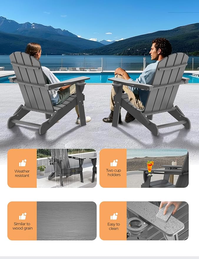 Folding Adirondack Chair Set of 2, Wooden Textured Plastic Adirondack Chairs with 2 Cup Holder, Weather Resistant HDPE Fire Pit Chair, Outdoor Patio Chairs for Garden, Backyard, Lawn, Deck, Grey