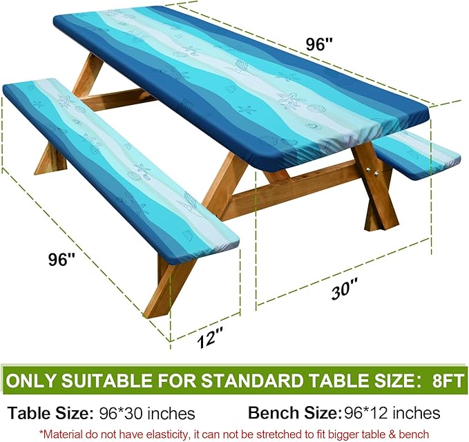 Picnic Table Cover with Bench Covers Camping Essentials Waterproof Windproof Camping Tablecloth with Drawstring Bag, Fitted Rectangle Tables and Seats, 96in, Sky Blue