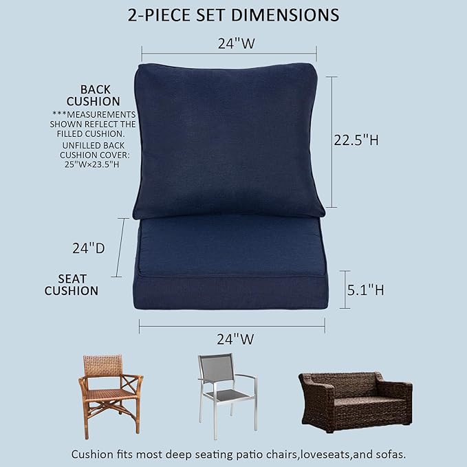 24x24 Inch Outdoor Deep Seat Cushions Set of 2,Thick High-Density Foam, Removable Cover with YKK Hidden Zipper,Water-Resistant UV-Resistant Polyester for Patio Furniture,Midnight