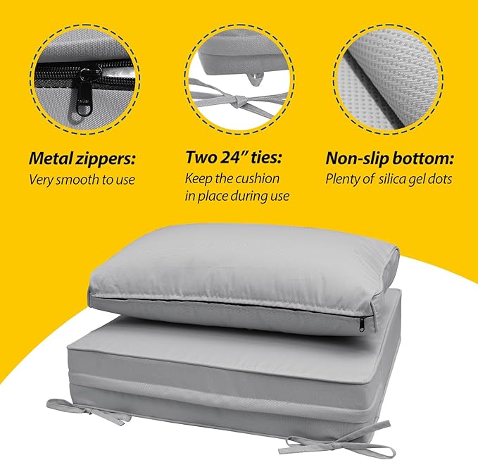 AAAAAcessories Outdoor Seat Cushions for Chairs, Fade-Resistant, Waterproof Patio Furniture Replacement Cushions, 23" x 23" x 5" + 23" x 13.5", Set of 4, Gray