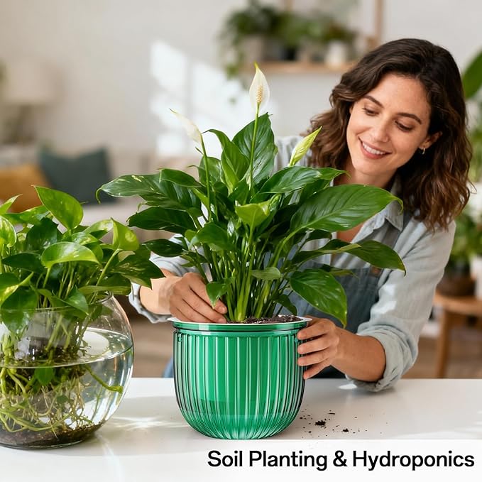 Halatool 2 Pack Hanging Planters Indoor Plant Pots, 6.5" & 8.3" Self Watering Hanging Basket Flower Pot, Translucent Plant Hanger with Drainage Holes for Garden Home Wall Decor (Peacock Green)