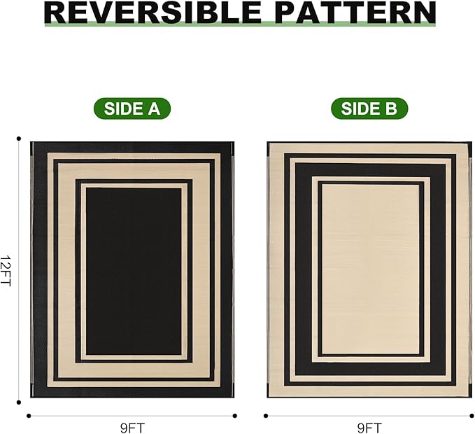RURALITY Outdoor Rug 9x12 Waterproof for Patio Clearance,Large Plastic Straw Mat for Camping,Porch,RV,Reversible,Black and Beige