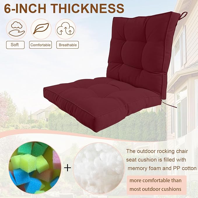 2 Piece Outdoor Patio Chair Cushions, Fade Resistant Outdoor Cushions for Patio Furniture, 6 inch Thickened Rocking Chair Cushions Set (Burgundy, 24x24x6 inch - 2 Pieces)
