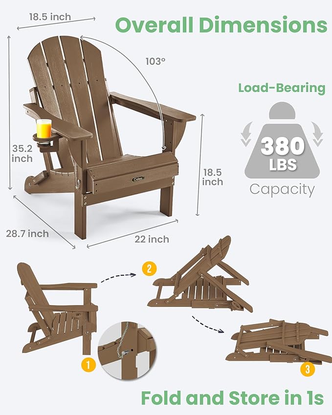 Ciokea Folding Adirondack Chairs Set of 2, Patio Adirondack Chair Weather Resistant, Plastic Fire Pit Chair with Cup Holder, Lawn Chair for Outdoor Porch Garden Backyard Deck, Brown