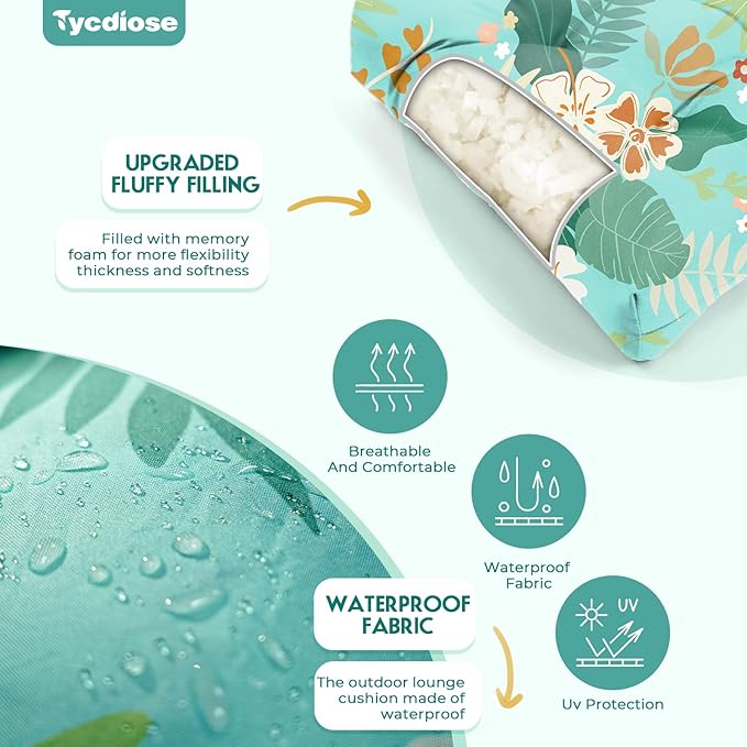 All Weather Chaise Lounge Cushions Outdoor Lounge Chair Cushion, Memory Foam Chaise Lounger Chair Cushion Waterproof for Outdoor Patio Furniture with Non-Slip Back and Ties, Cyan Floral Leaf