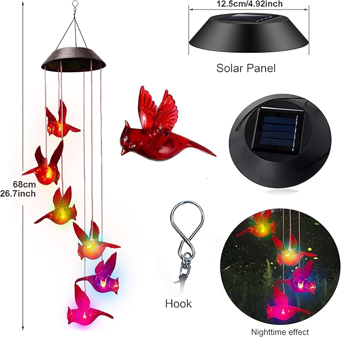 Cardinal Solar Wind Chimes for Outside,Cardinal Gifts for Women Mom Mother,Solar Red Bird Memorial Wind Chimes,Solar Powered Wind Chime Waterproof,Red Bird Decor for Garden Patio Outdoor Porch