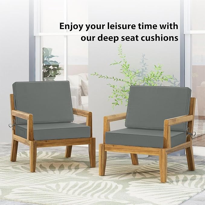 Waterproof Outdoor Chair Cushions 24x24, Memory Foam Outdoor Cushions for Patio Furniture with Removable Cover, Deep Seat Cushions for Outdoor Furniture with Ties and Handle, Dark Grey