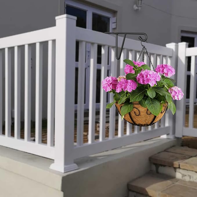 Vinyl Fence Hooks, Patio Hangers Decorative White Powder Coated Steel Fence Hangers Suitable for Hanging Flower Baskets - Wind Chimes - Planters - Bird Feeders -Lights (2 Pack - Black)