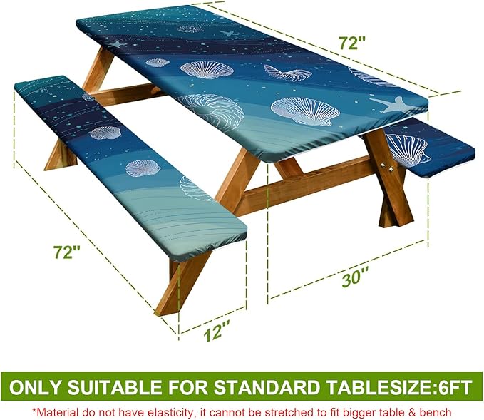 Picnic Table Cover with Bench Covers Set of 3 - Coastal Shells Ocean Beach Starfish Pattern, Elastic Fitted Tablecloth for 6 Ft Tables, Washable Polyester Cover for Patio, Indoor & Outdoor