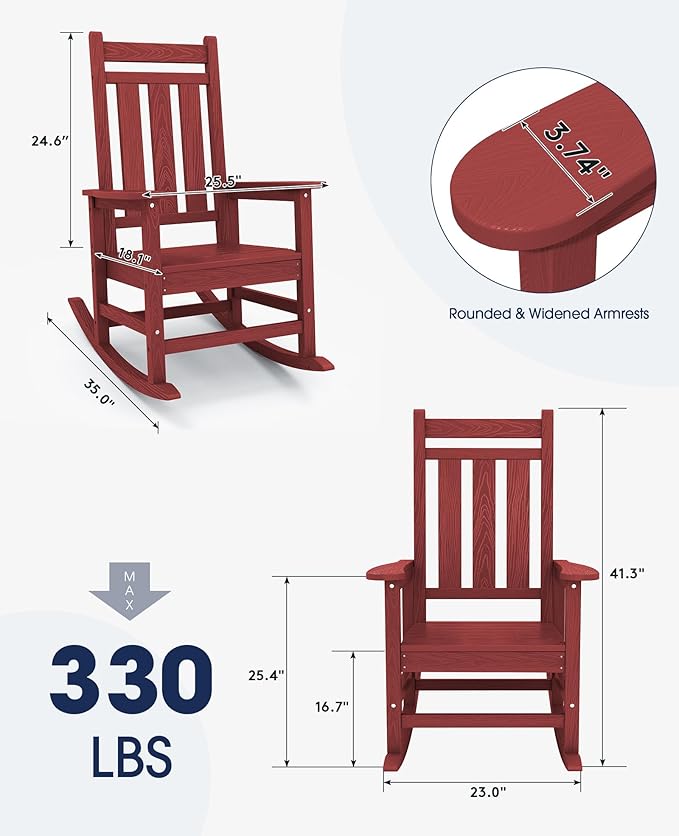 KINGYES Outdoor Rocking Chair, All-Weather Patio Rocking Chairs for Porch, HDPE Rocking Outdoor Chairs with High Back for Adult, Heavy Duty Outdoor Patio Rockers for Garden, Lawn, Red