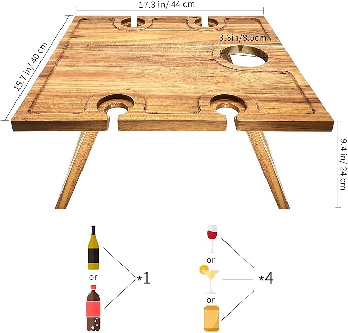 Portable Wine Picnic Table, Acacia Wood, Larger Tray Foldable, Charcuterie Board, Wine Gift, Decor for Romantic Camping, Engagement Party, Concerts, Glamping, Winter Adventure