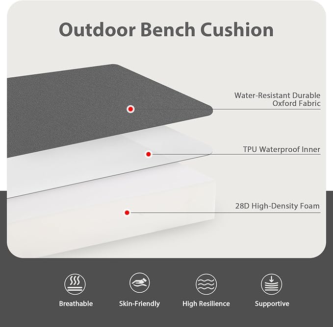 Favoyard Outdoor Bench Cushion 48 x 18 Inch Waterproof Patio Furniture Cushions 3-Year Color Fastness Garden Sofa Settee Couch Swing Pads with Handle and Adjustable Straps, Dark Gray