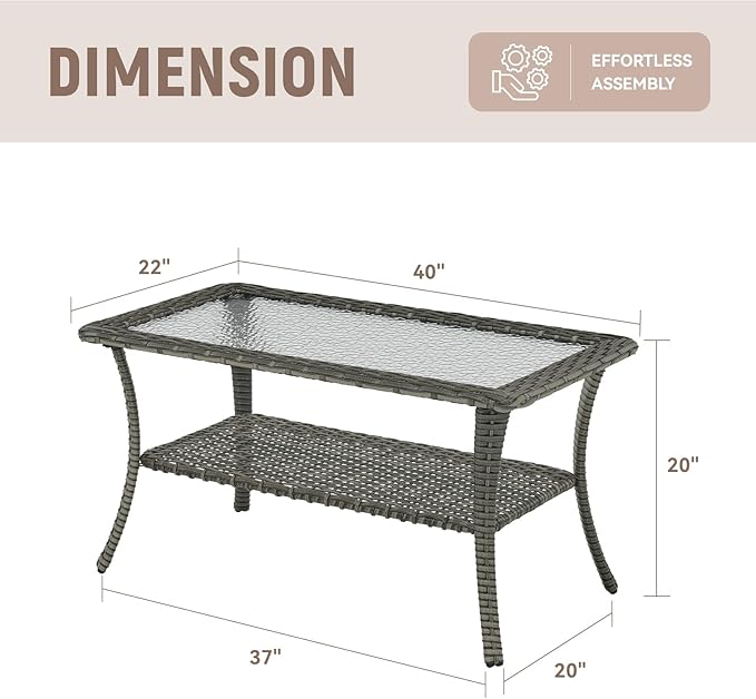 Patio Coffee Table Wicker Table Outdoor PE Rattan Glass Top Table with Storage Shelf Rectangle Patio Outdoor Coffee Table for Patio Garden Balcony Porch Deck Poolside, Grey