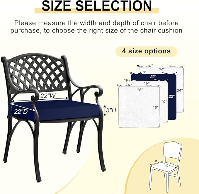 downluxe Waterproof Outdoor Chair Cushions for Patio Furniture, 22" x 22" x 3" Patio Chair Cushion with Adjustable Ties & Portable Handle, Square Outdoor Cushion with Removable Cover, Navy, 2 Pack
