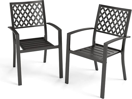 PHI VILLA Metal Outdoor Dining Chairs Set of 2 - Stackable Black Patio Chairs, 300lb Capacity (Diamond)