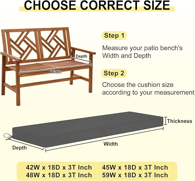 downluxe Outdoor Bench Cushion Waterproof, 48 x 18 Inch Patio Furniture Cushions with Adjustable Ties & Portable Handle, Porch Swing Cushions, Bench Cushions for Outdoor Furniture, Dark Grey
