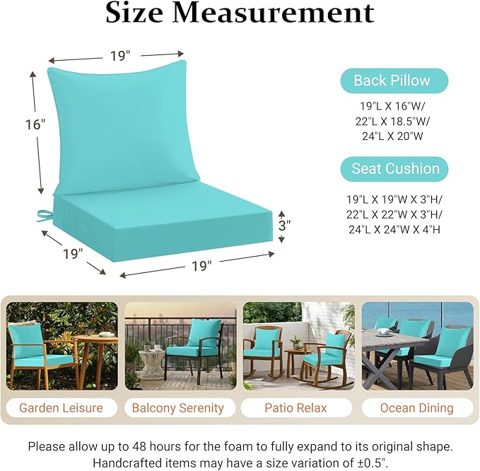 downluxe 19x19 Outdoor Chair Cushions, Waterproof Fade Resistant Patio Furniture Cushions with Handle & Removable Cover, Deep Seat Outdoor Cushions for Sofa, Couch and Patio Chairs, Teal