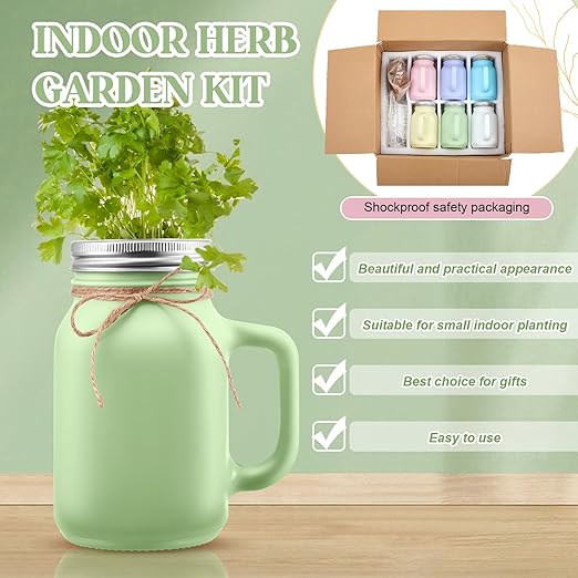 Vesici 6 Set Hydroponic Mason Garden Jar Kit Self Watering Herb Hydroponic Planter Starter Kit with Net Pot for Indoor Herbs Windowsill Garden Flower Plant Growing Germination