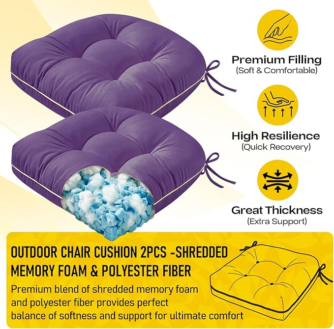 Outdoor Chair Cushions Set of 2, Outdoor Cushions for Patio Furniture and Wicker Chair, Memory Foam Patio Seat Cushion Pads with Ties, 19 x 19 Inch (Purple)