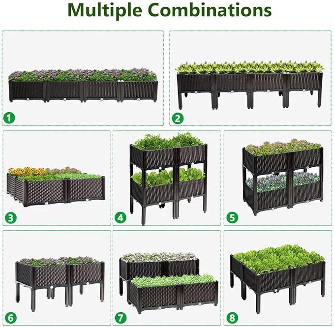Giantex Raised Garden Bed, Set of 4 Planter Raised Beds Kits with Drain Holes for Fruit Flowers Vegetables, Outdoor Elevated Planting Box for Lawn Patio Balcony, Easy Assembly, Rattan-Like Look, Brown