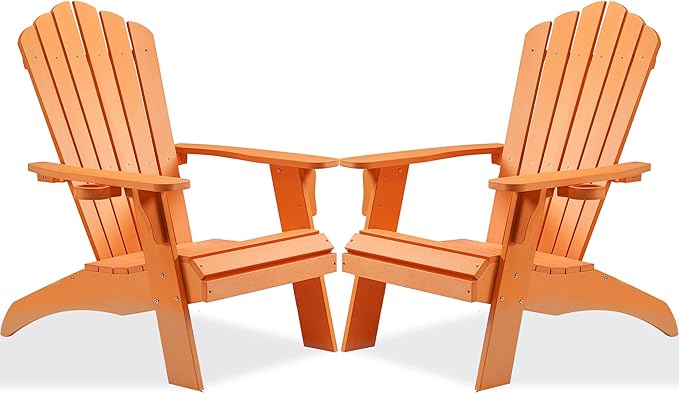 Psilvam Adirondack Chair, Oversized Poly Lumber Fire Pit Chair with Cup Holder, 350Lbs Support Patio Chairs for Garden, Weather Resistant Adirondack Chair Looks Like Real Wood (2, Orange)