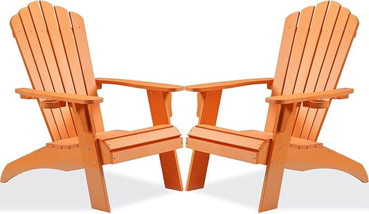 Psilvam Adirondack Chair, Oversized Poly Lumber Fire Pit Chair with Cup Holder, 350Lbs Support Patio Chairs for Garden, Weather Resistant Adirondack Chair Looks Like Real Wood (2, Orange)