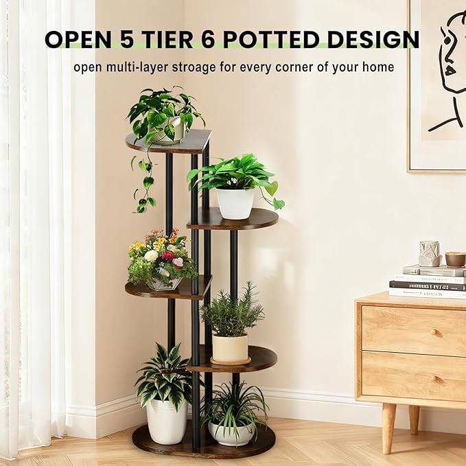 Tiered Plant Stand Indoor, Tall 5 Tier 6 Potted Wooden Plant Shelf for Multiple Plants, Multi Plant Holder Indoor for Patio Garden Patent Design Living Room Bedroom, Rustic Brown