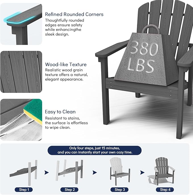 nevilywood Compact Stackable Adirondack Chairs Set of 2, 26.3" Wide HDPE Outdoor Patio Chairs - Durable, Space-Saving Design for Porch, Lawn or Garden, Grey