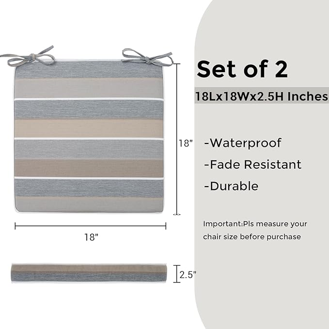 FUNHOME Outdoor Chair Cushions 18"x18"x2.5" Set of 2,Water Resistant Patio Chair Cushion with Zipper&Ties,18x18 Inch Replacement Square Seat Cushion for Garden Chairs(Gray Stripe)