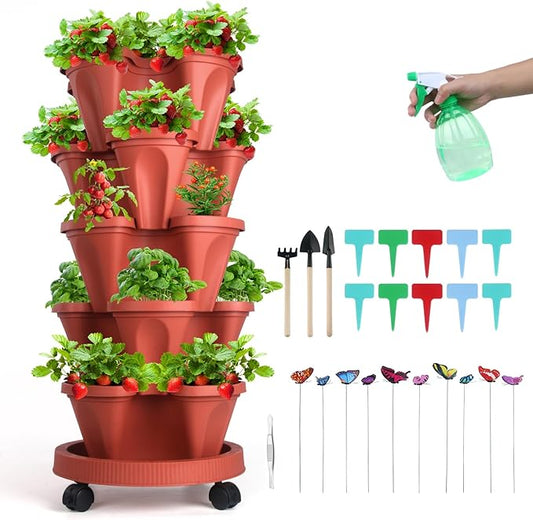 GameXcel Vertical Planter, 5 Tier Stackable Strawberry Planter with Garden Tool Set, Movable Indoor/Outdoor Garden Herb Pot for Growing Vegetables and Succulents, Red