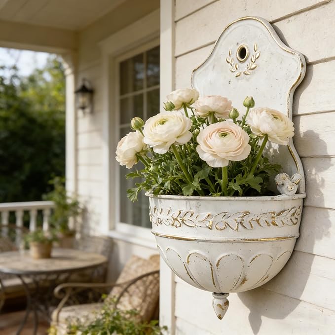 Vintage Distressed White Metal Wall Planter, Rustic Hanging Pocket Planter with Scrollwork & Scalloped Design, Farmhouse Wall Decor for Indoor & Covered Outdoor Garden, Porch & Entryway