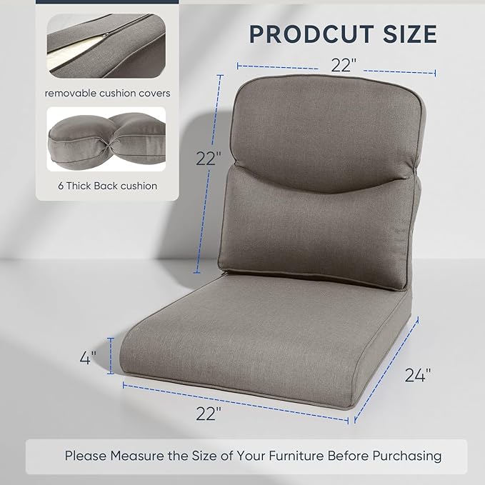 Outdoor Rattan Chair Cushions 2 Packs - Outside High Back Comfortable Thickened Pillow 22x24 with Zipper Cover for Patio Rocking Swivel Chairs Loveseat Sofa – Grey/Crescent
