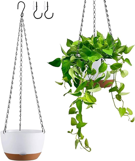 Hanging Planters for Indoor Plants, Set of 2 8/10 Inch Self-Watering Hanging Pots with Drainage Hole & Removable Water-Storage Tray II Screw-in Hooks II