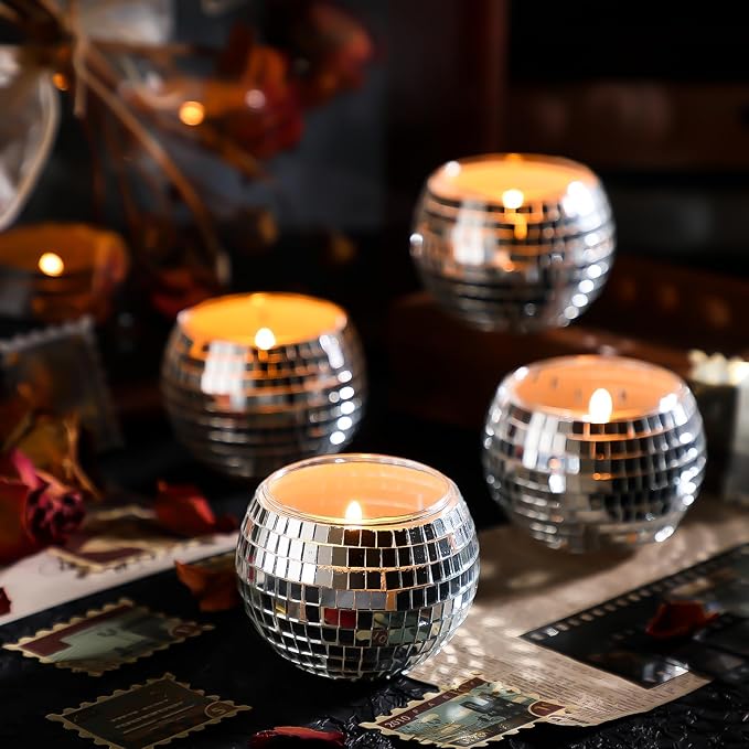 Maxcheck 24 Pcs Disco Ball Candle Holders Bulk Wedding Decoration Disco Ball Centerpieces Includes 12 Votive Mosaic Glass Tea Light Holders and 12 Tea Light Candles for Activity Party