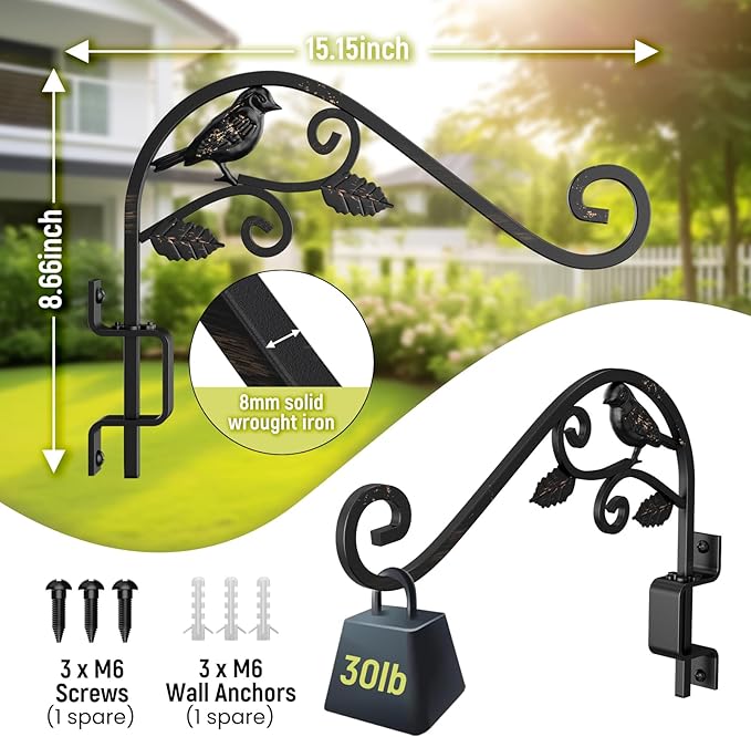 Plant Hangers Outdoor, 4 Pack 15.15 inch Swivel Plant Hangers Indoor Wall Mount Sturdy Wrought Iron Plant Wall Hanger, Wall Plant Hanger Indoor for Bird Feeders, Planters, Lanterns, Wind Chime, Black
